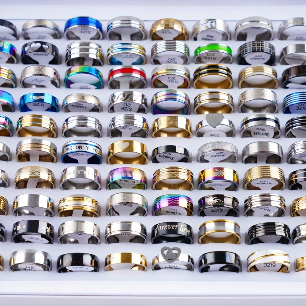 A lot of 100 Classic Simple Stainless Steel Rings for Women in Assorted Styles, Perfect for Jewelry Parties and Gifting