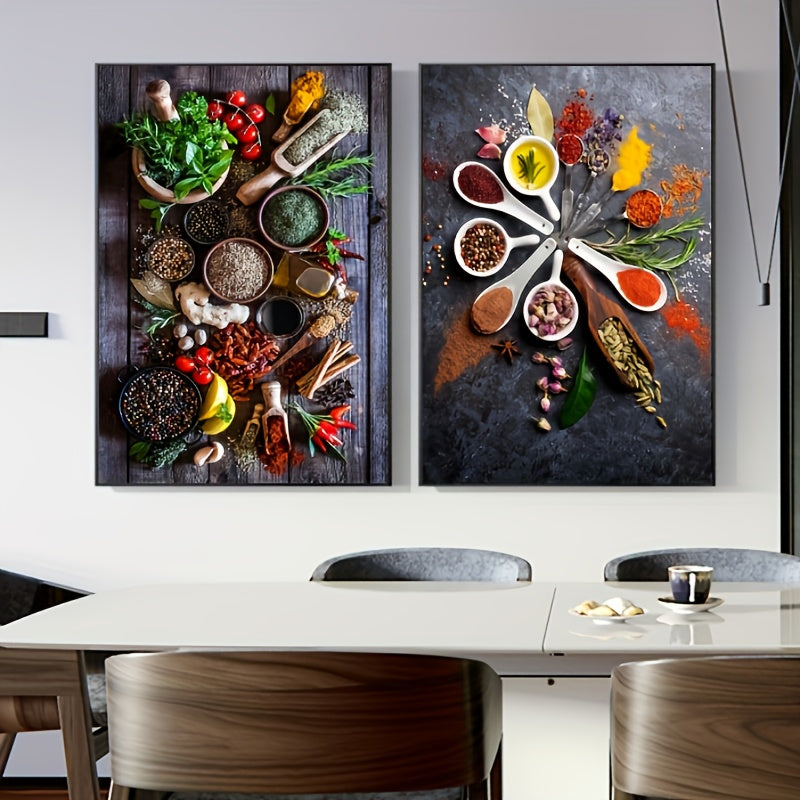 Spice & Vanilla Kitchen Wall Art Set, 2 pieces, frameless canvas prints, 39.88x59.94cm. Ideal for dining room decor.