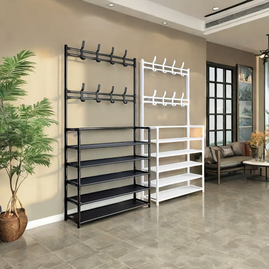 This 5-tier shoe rack is made of durable carbon steel and features 8 hooks, making it perfect for organizing shoes, bags, umbrellas, boots, hats, and more. It is a versatile storage solution that is sturdy and space-saving. Easy to assemble, this shoe