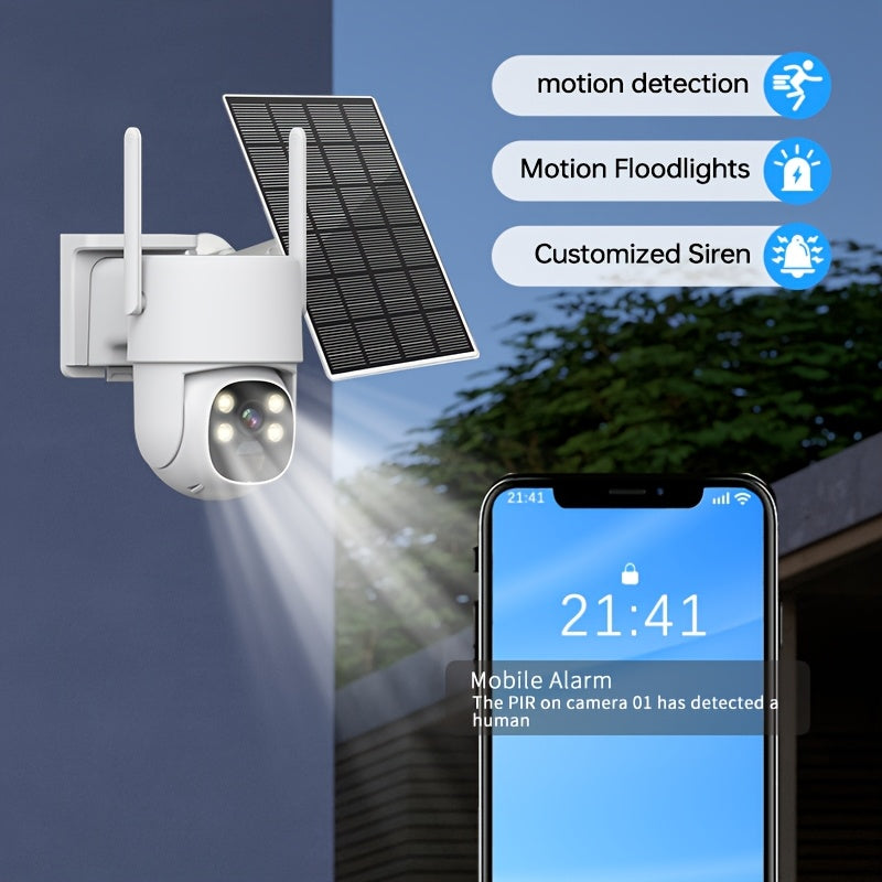 Introducing the ZHXINSD 4MP Solar-Powered Outdoor Security Camera, equipped with Wireless WiFi, 2.4G technology, Two-Way Audio, Color Night Vision, Motion Detection, Rechargeable Battery, USB Charging, and IP65 Waterproof rating. (SD/Cloud storage not