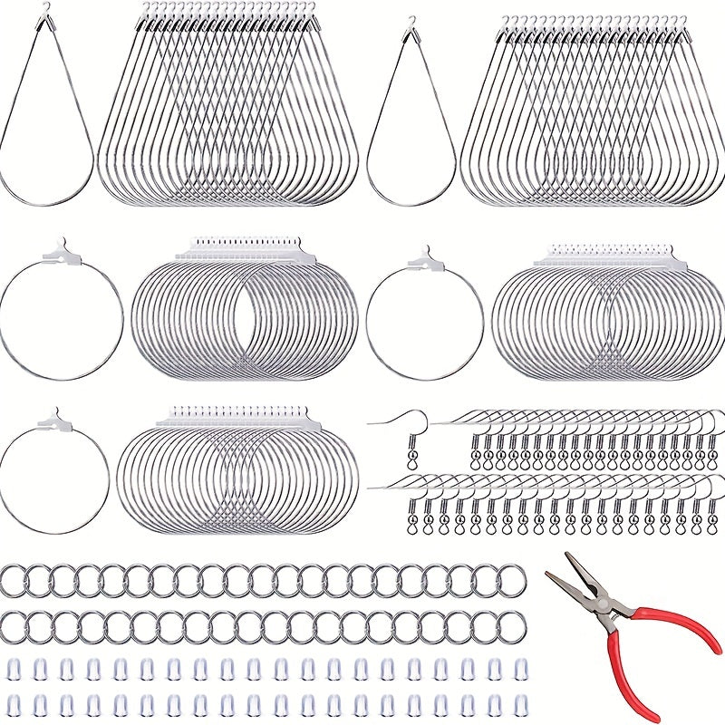 This listing includes a set of 400 earring making kits, featuring 100 earring hooks, 100 open jump rings, 100 earring backs, 100 teardrop and round beads, and circular earring supplies in silvery color. With pliers included as a gift, this set is perfect