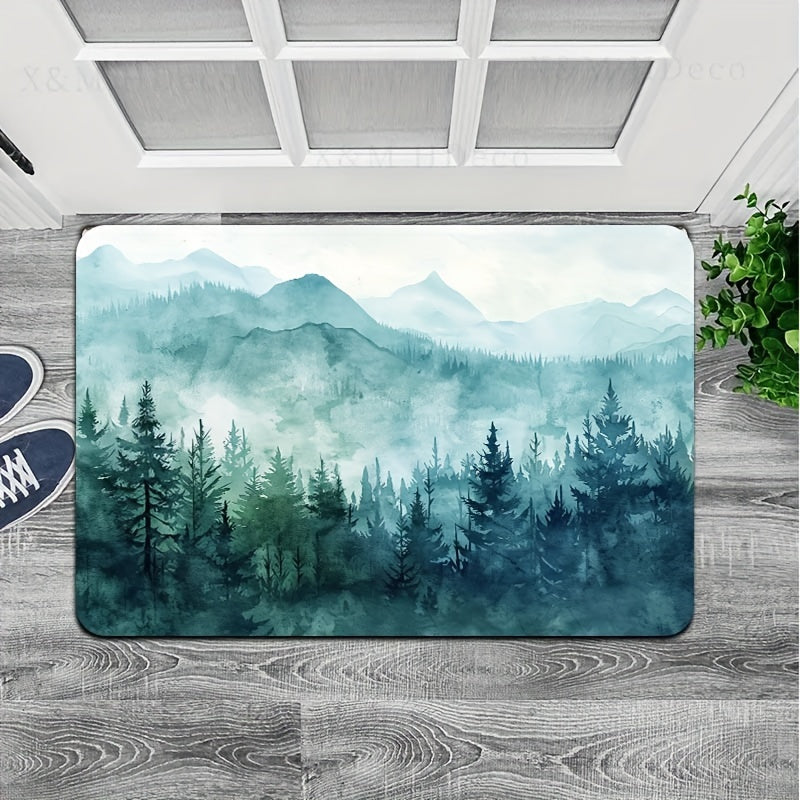 Forest Big Mountain Pattern Bathroom Carpet with Foam Cushion and Skid-Proof Bottom for Kitchen, Living Room, Bedroom, and Indoor Spaces. Machine Washable Entrance Doormat for Home Decor.