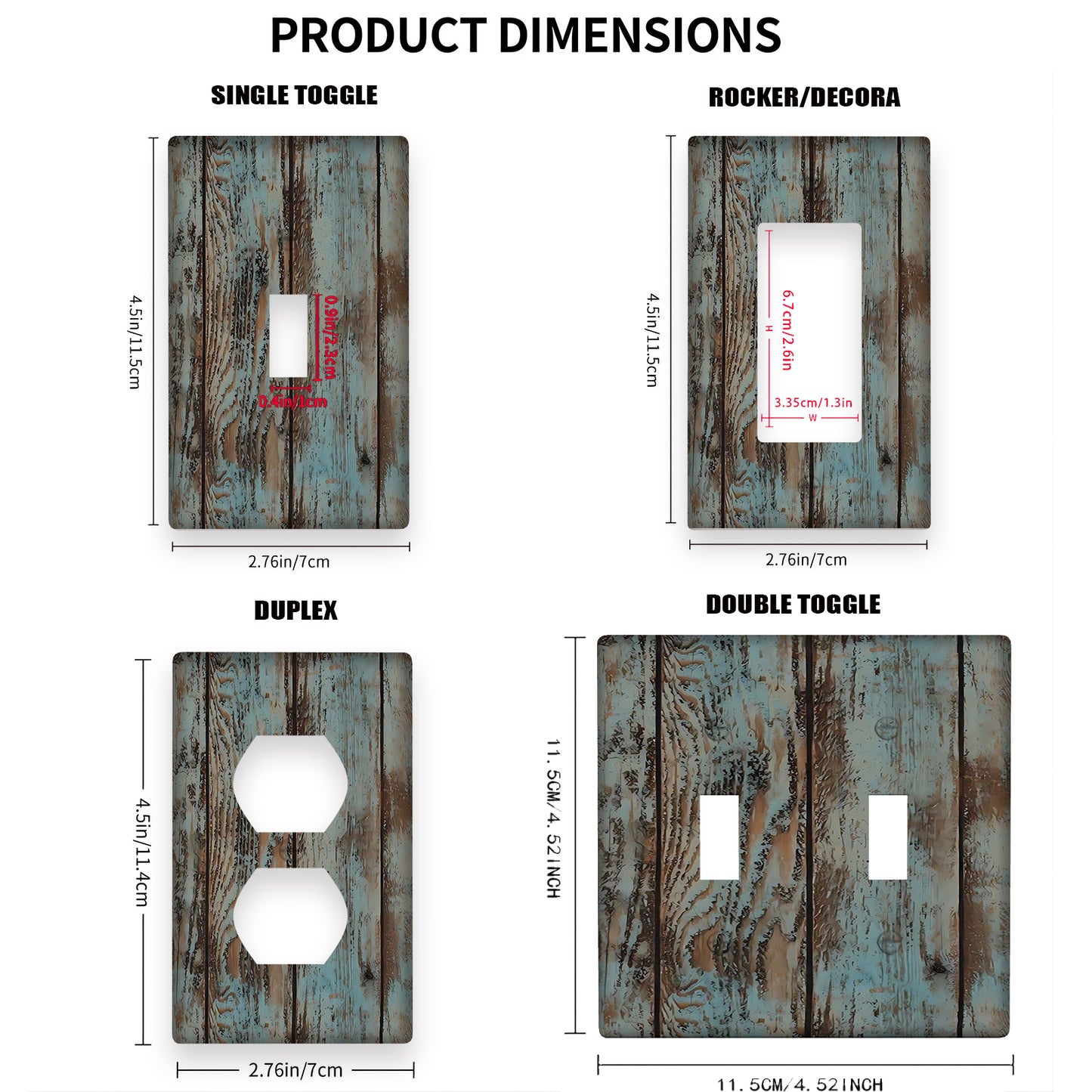 Rustic pale turquoise wood grain wall plate cover for indoor/outdoor use in various rooms.