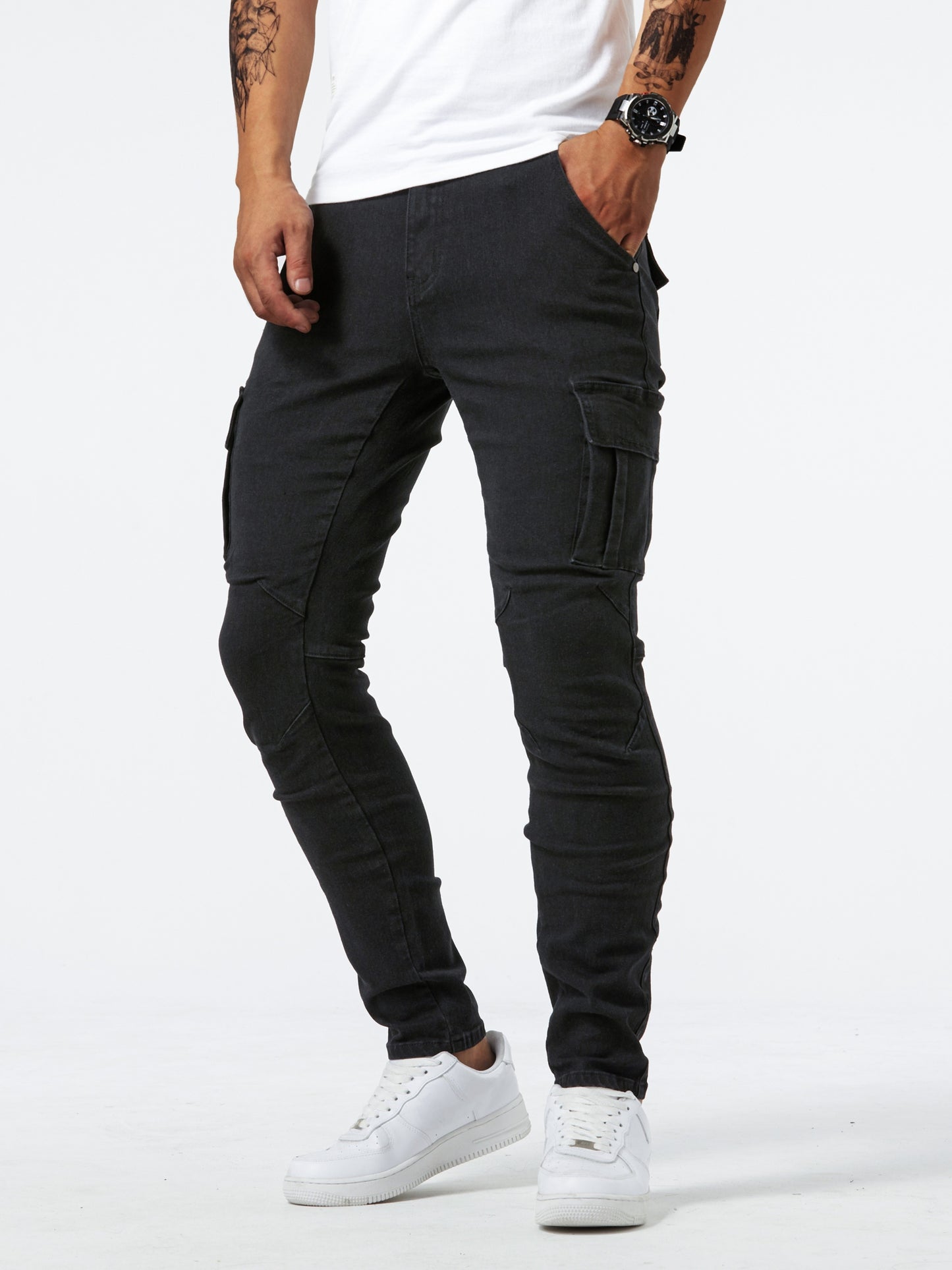 Men's high-stretch denim pants with multiple pockets, suitable for all seasons outdoor activities.