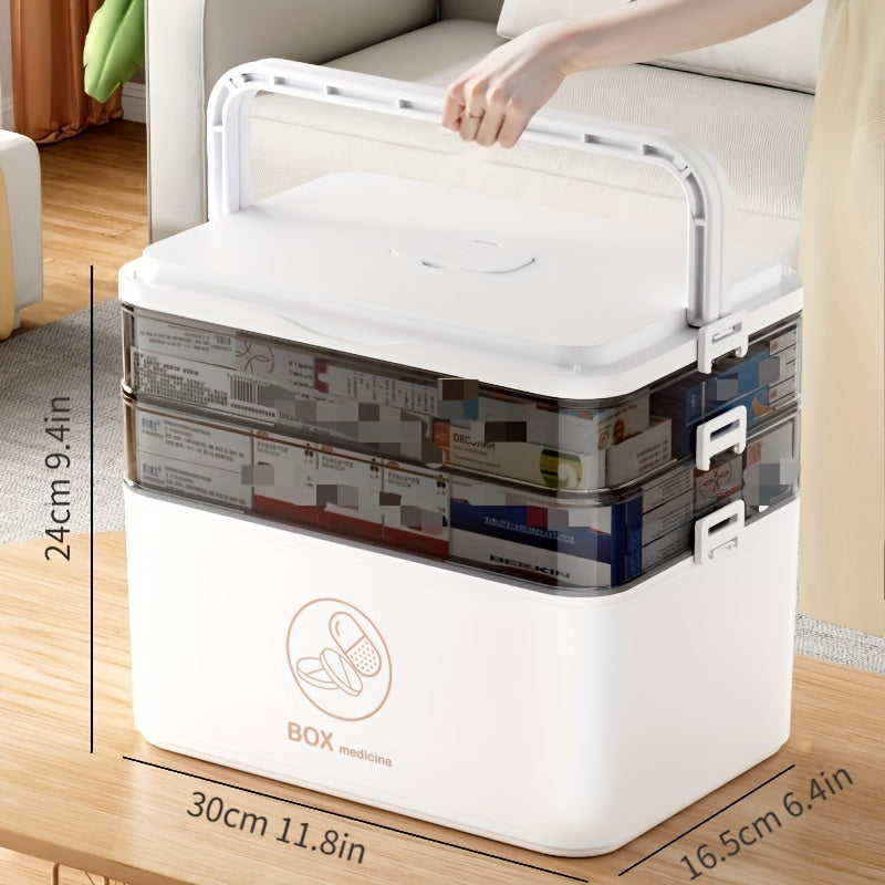 Waterproof multi-layer medicine storage box with snap closure, made of durable plastic, for portable home emergency organization.