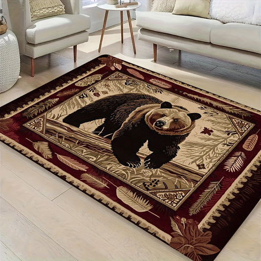 Vintage Brown Bear Pattern Area Rug, 1pc, ideal for both indoor and outdoor use. Features a sponge material that is resistant to dirt, with a non-slip design for added safety. Soft and comfortable, perfect for use in the living room or bedroom as a