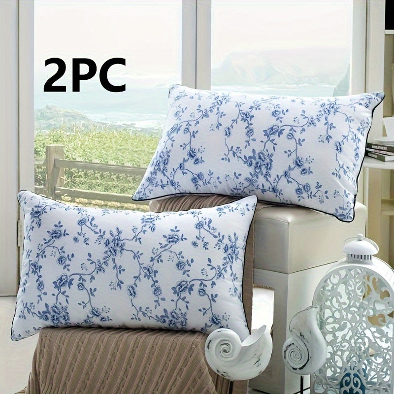 Two-pack combination of high-quality sleep pillows with classic blue and white pattern; star hotel grade pillow core included.