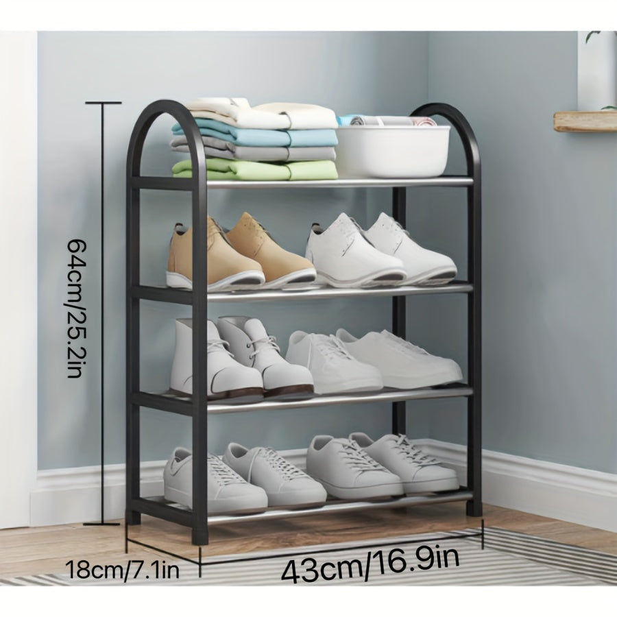 This stainless steel shoe rack features four tiers and is perfect for storing small shoes in entryways, hallways, and closets. The stackable design saves space, and the heavy-duty metal construction ensures durability. Ideal for organizing shoes in