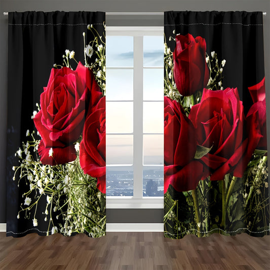 Enhance your living space with 2 stunning red rose-themed curtains for privacy and decoration. Perfect for Valentine's Day or any romantic occasion, these translucent curtains provide privacy and elegance in any bedroom or living room.