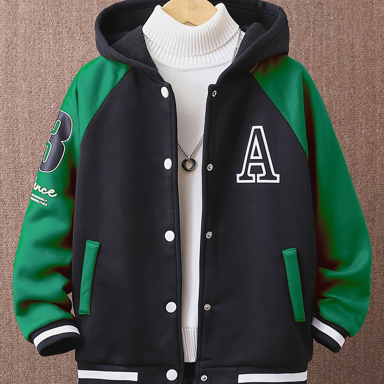 Stylish boys' color-block hoodie with 'A' print, perfect for fall/winter. Machine washable.