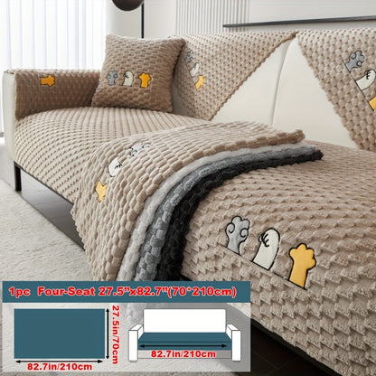 Modern honeycomb fleece sofa cover with embroidered design, pet-friendly protection for furniture, plush slipcover for various sofas. One-piece design with anti-slip backing for home and office decor.