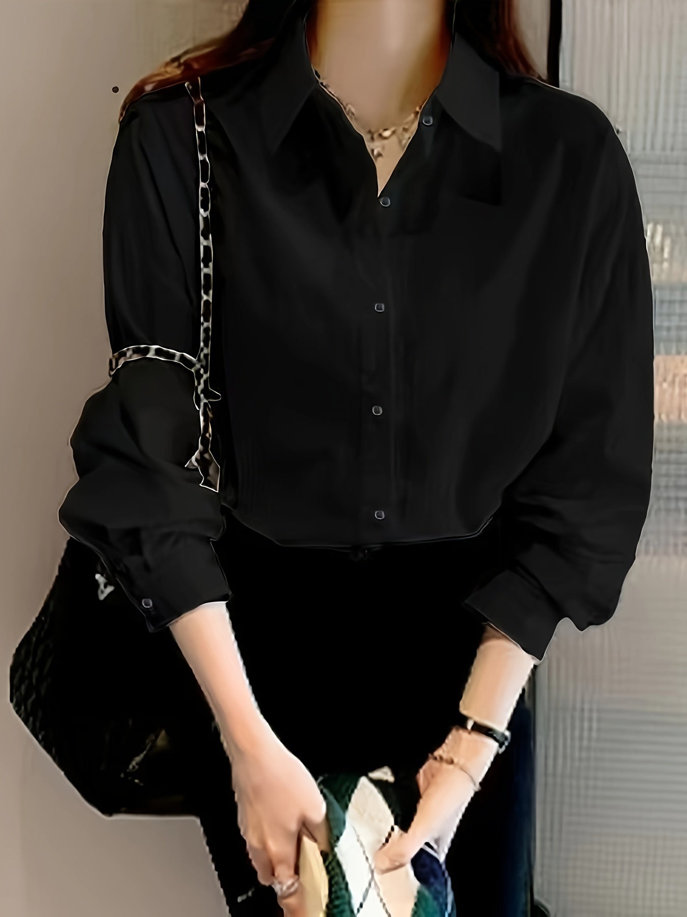 Women's Elegant Black Shirt with Belly Support, Long Sleeve, Lapel Collar, and Single Breasted Placket. Made of 95% Polyester and 5% Elastane. All-Season Loose Fit Casual Top.