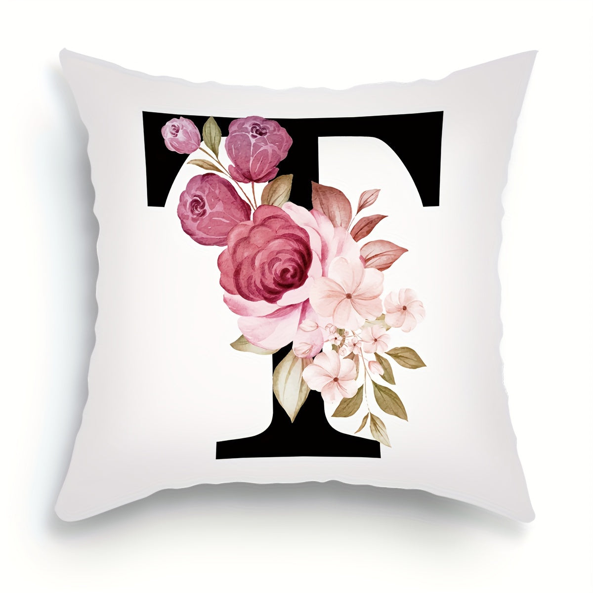 English letter flower print pillowcase for sofa cushions, 45.72cm x 45.72cm.