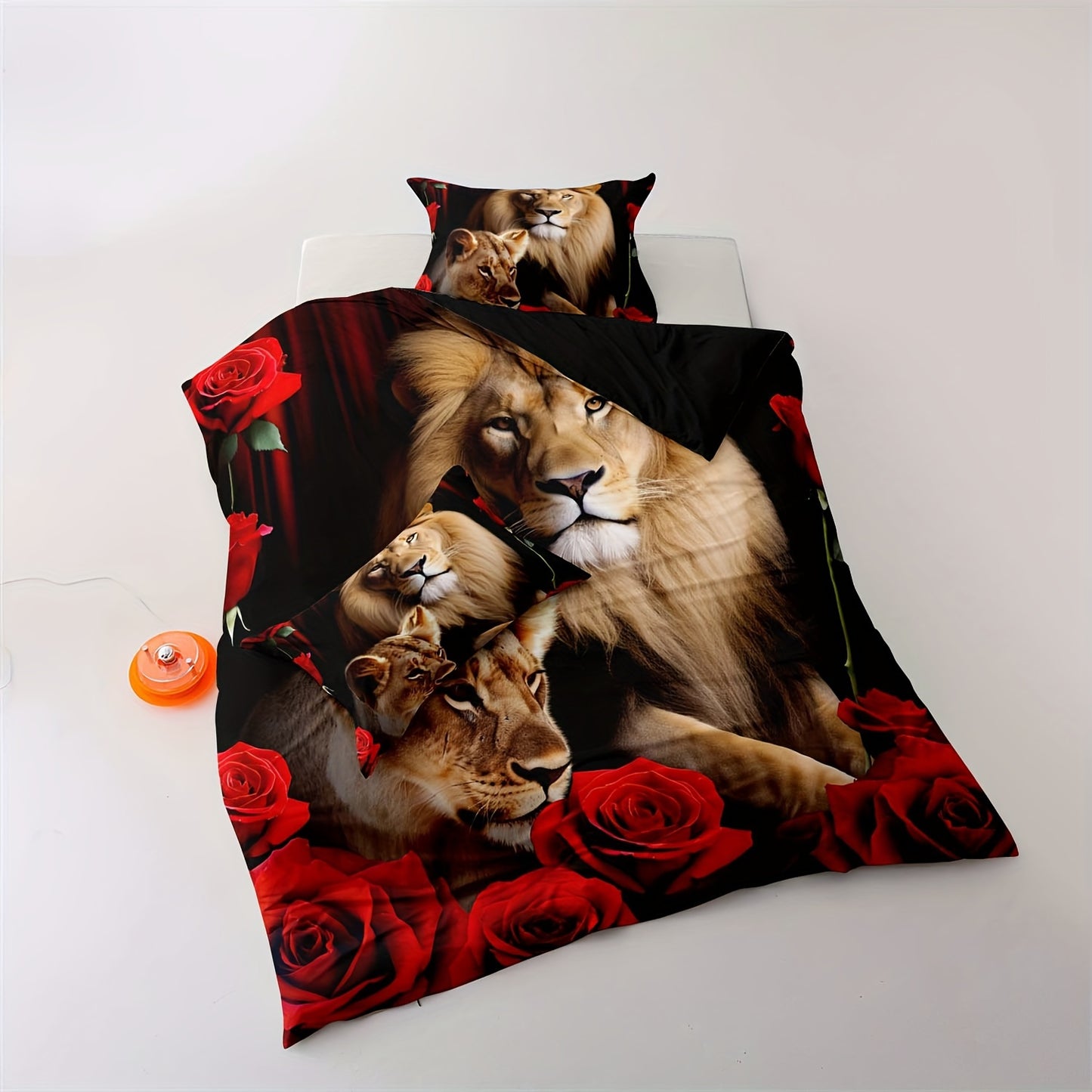 2/3pcs Duvet Cover Set, Soft and Comfortable featuring black lion duvet cover set in king size, lion twin bedding set for boys, 3d animal print duvet cover in queen size, and red rose queen