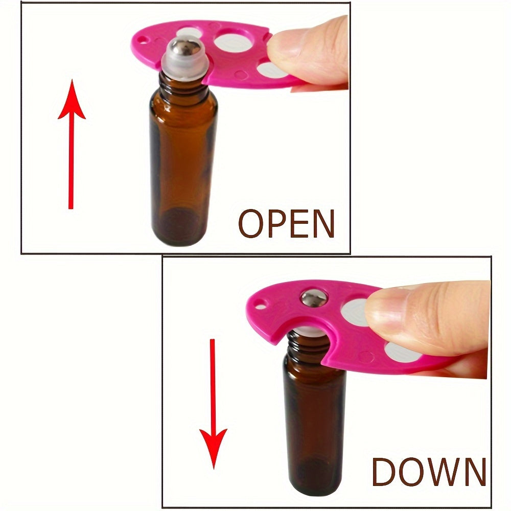 Durable tool for easy removal of essential oil bottle caps - colorful plastic opener with roller ball.