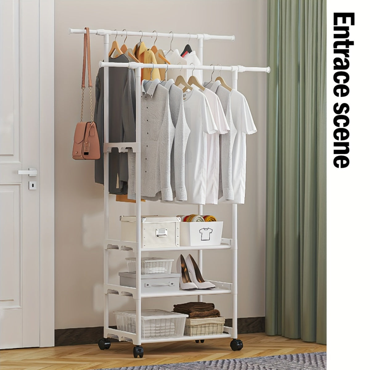 Carbon Steel Mobile Closet Organizer with Casters - Versatile Indoor Storage Solution for Home