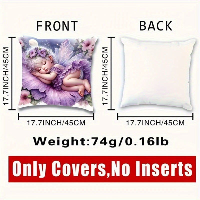 Angel girl plush pillowcase with fairy tale design featuring a sleeping fairy, floral motifs, and starry night sky. Ideal for bedroom or living room decor. Does not include pillow insert. Mystical and soft.