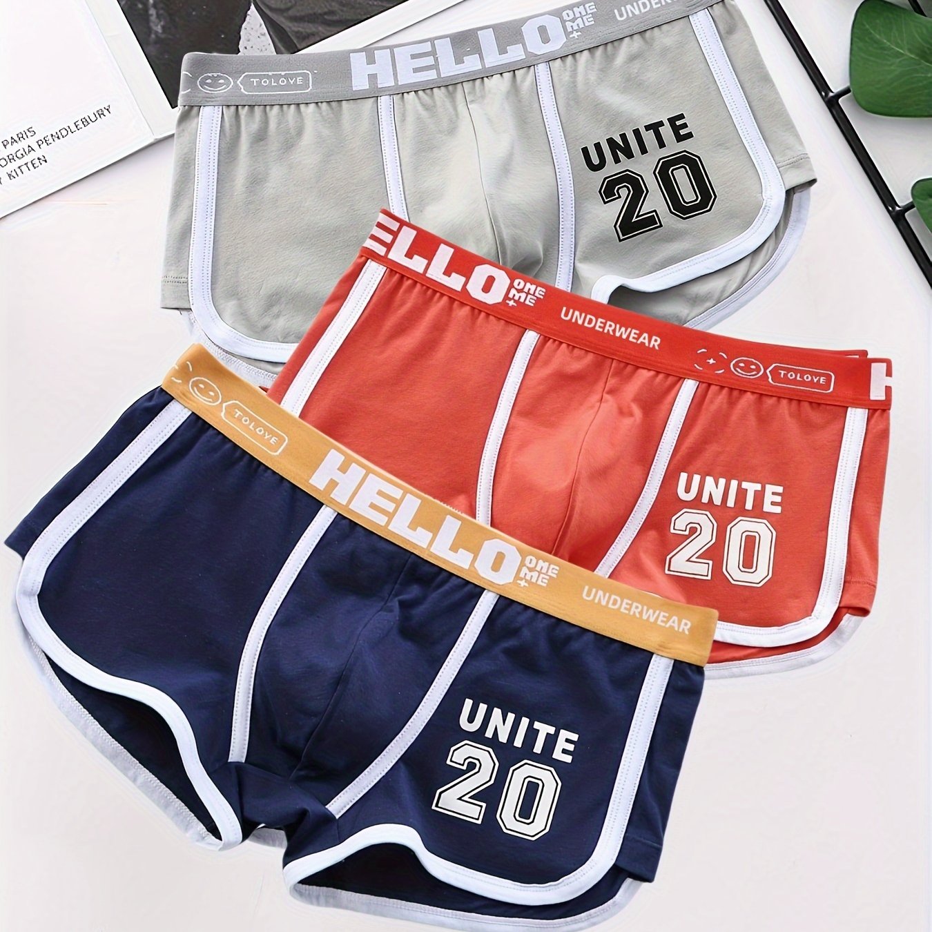 Men's casual cotton boxers briefs, mid-waist underwear.