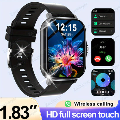 Zacharyer Full-Screen Touch Smartwatch with call alerts, multiple sports modes, Android & iPhone compatibility, lithium battery, modern square design, silicone band, colorful display