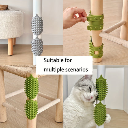 Rubber self-grooming cat scratcher mountable on walls or table legs with flexible bristles for pet massage and fur removal.