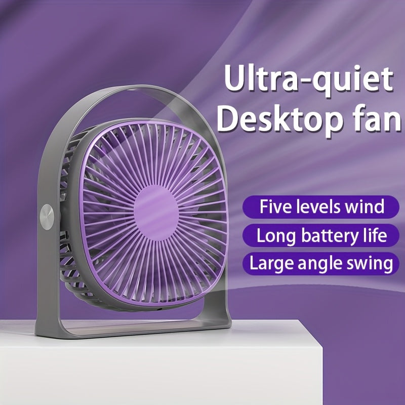 Desktop Fan with LED Light, 5-Speed Strong Wind, 360° Rotatable Head, USB Rechargeable 1200mAh Lithium Battery, Portable Design, Button Control, Plastic Material, Suitable for Indoor & Outdoor Use in Office, Restaurant, Bedroom