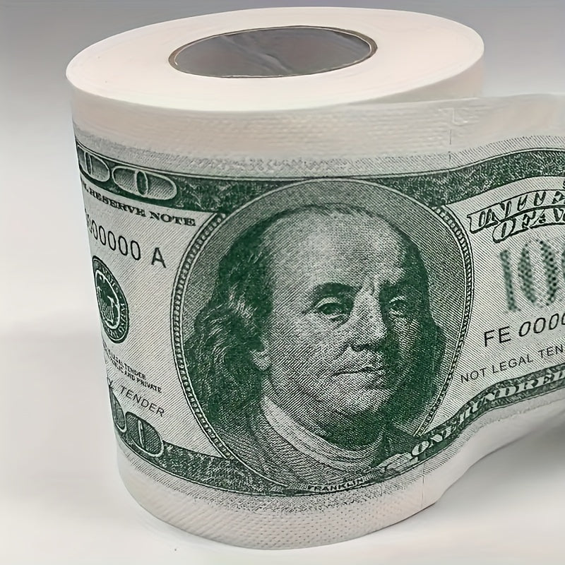 Pack of two-ply paper towels designed to resemble $100 bills, perfect for use as decorative toilet paper at parties.