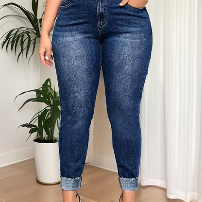 Women's Plus Size Washed Rolled Button Fly High Rise Skinny Jeans