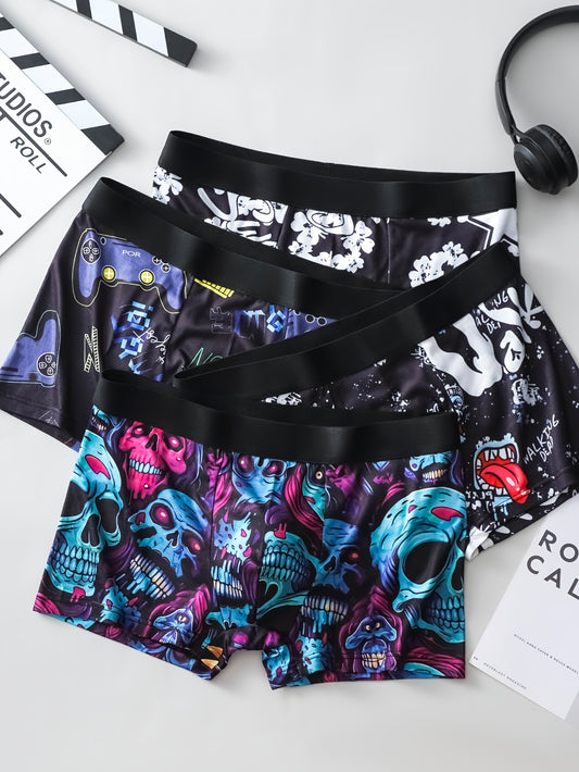 Men's boxer briefs with fun print, breathable stretchy polyester, elastic waistband.