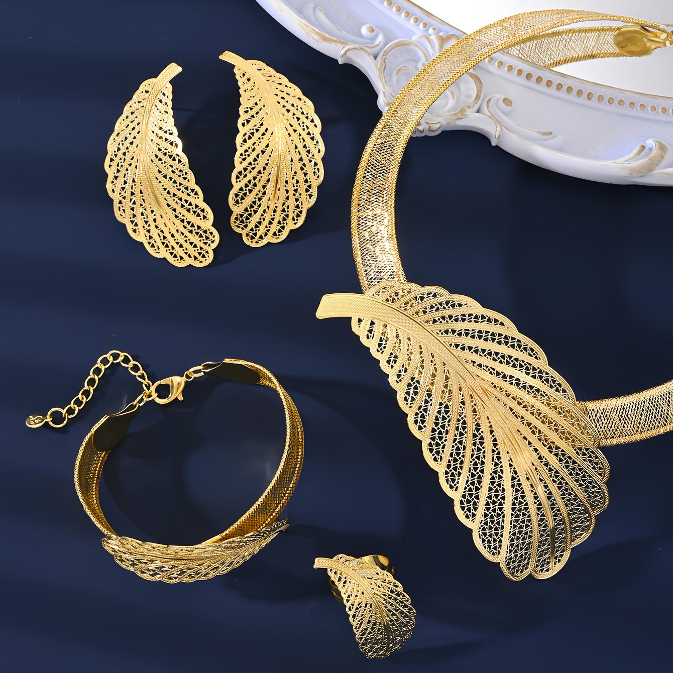 MEIZ 18K Golden Plated Jewelry Set, inspired by Middle Eastern design, featuring a vintage Arabian theme. This set includes holiday party earrings, necklace, ring, and bracelet made of copper. No batteries or power source required. Ideal for gifting and