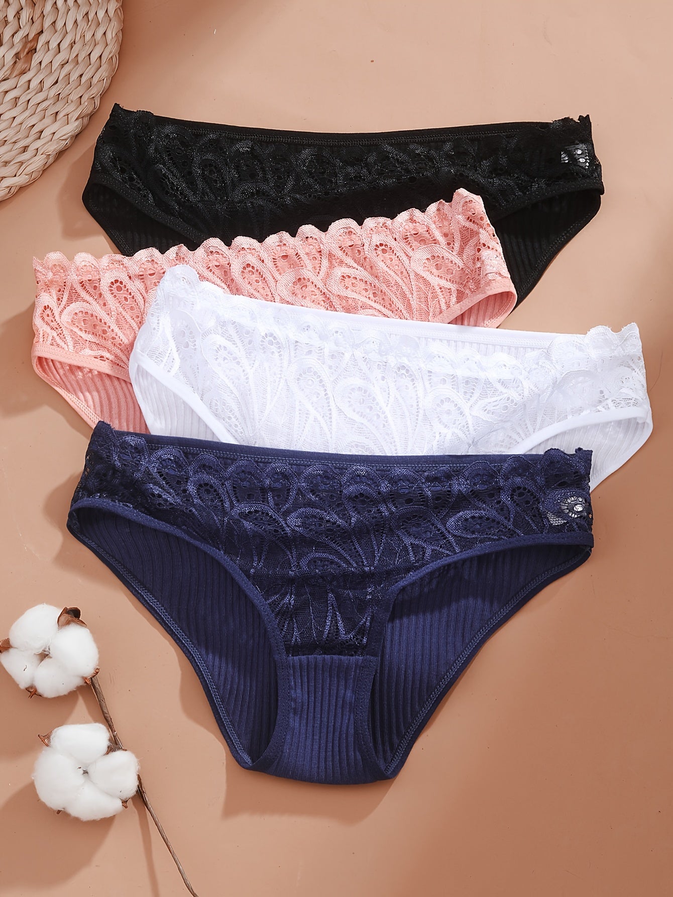 4 lace ribbed briefs, comfortable and breathable, perfect for women's lingerie and underwear.