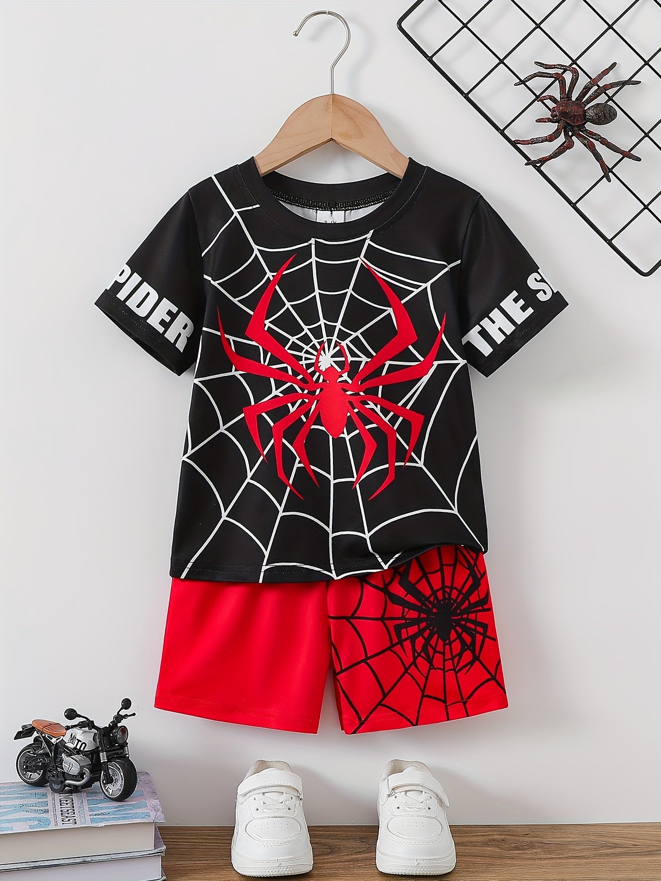 Boys Spider Graphic Print T-shirt & Shorts Set for summer comfort.