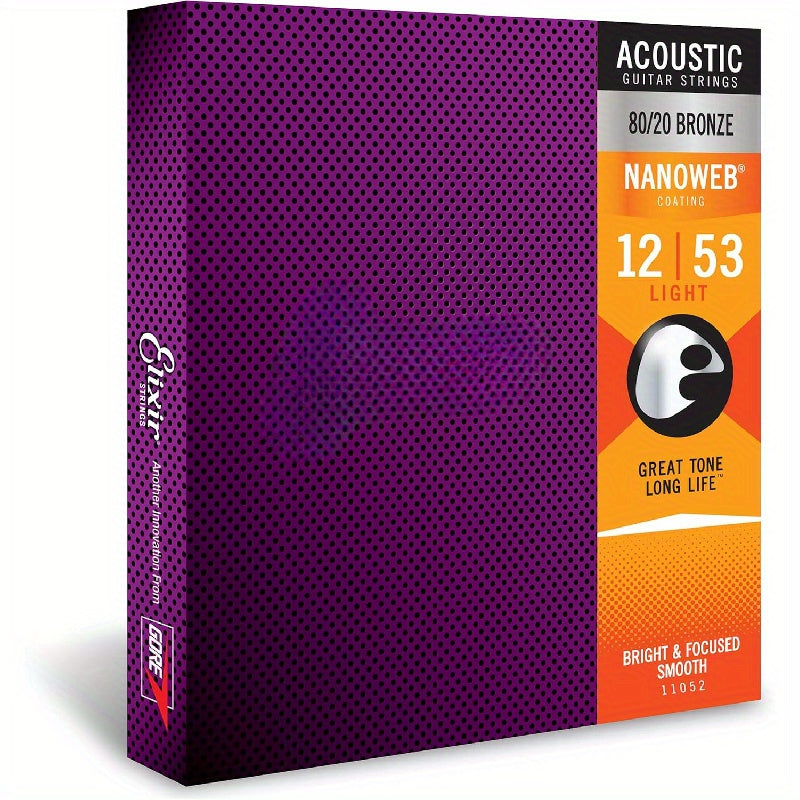 Elixir Strings, Acoustic Guitar Strings, 80/20 Bronze with NANOWEB Coating, Longest-Lasting Bright and Focused Tone, Comfortable Feel, 6 String Set, Light 12-53