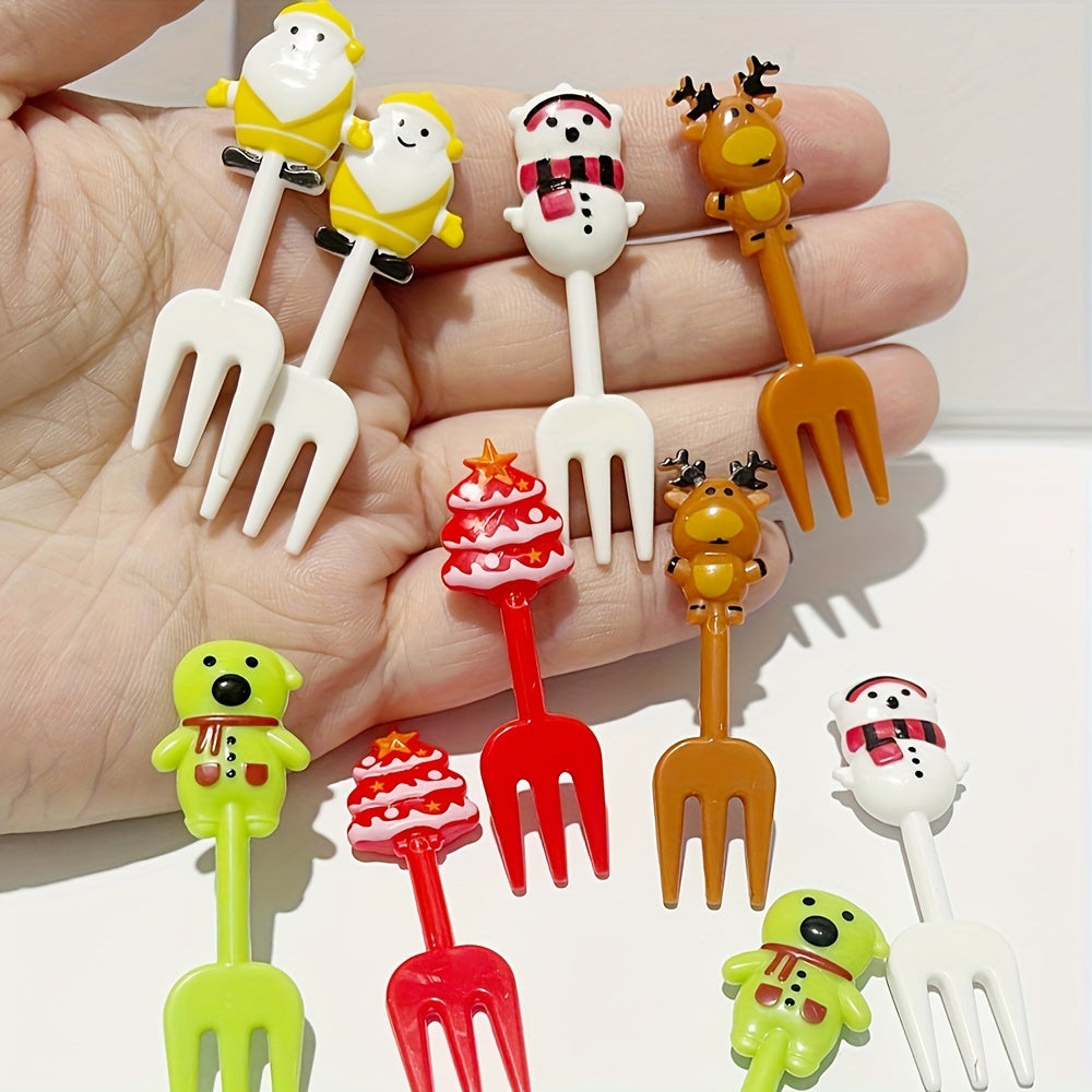 10-piece Christmas cartoon fruit fork set featuring creative animal designs for bento lunch box decor, holiday parties, and home decoration.