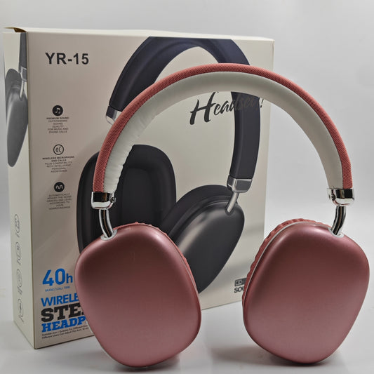 YR-15 Wireless Over-Ear Headphones with sound isolation, push button volume control, Type-C charging, non-waterproof design, 200mAh rechargeable battery, 5-1 max power, no charger included.