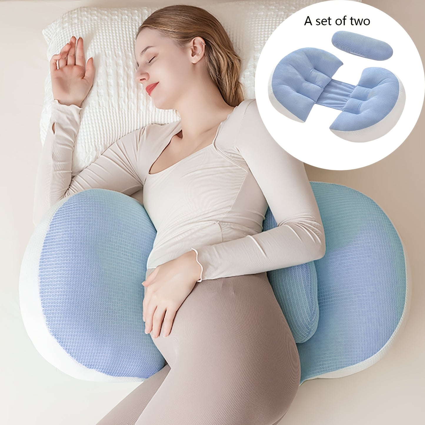 Pregnancy support pillow with U-shaped design, lumbar support, breathable fabric, adjustable, lightweight, and removable cover for side sleeping. Ideal for home bedding.