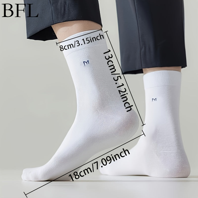 10pcs Men's Business Cotton Blend Crew Socks with Alphabet Pattern, Knit Fabric, Machine Washable, Polyester 15%, Elastane 5%