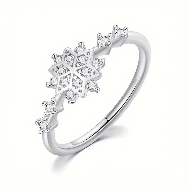 High-quality Promise Ring made of 925 Sterling Silver with a Sparkling Snowflake Design featuring Shining zirconia stones, perfect for Engagement or Wedding.