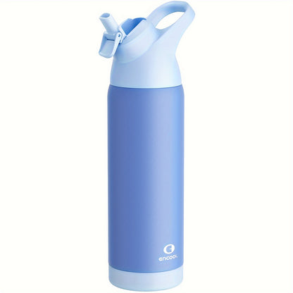 ENCOOL 24oz stainless steel water bottle with leak-proof Tritan lid, straw, and carry loop. Double wall insulated, PVC-free, round shape. Ideal for sports and travel. Hand wash only.