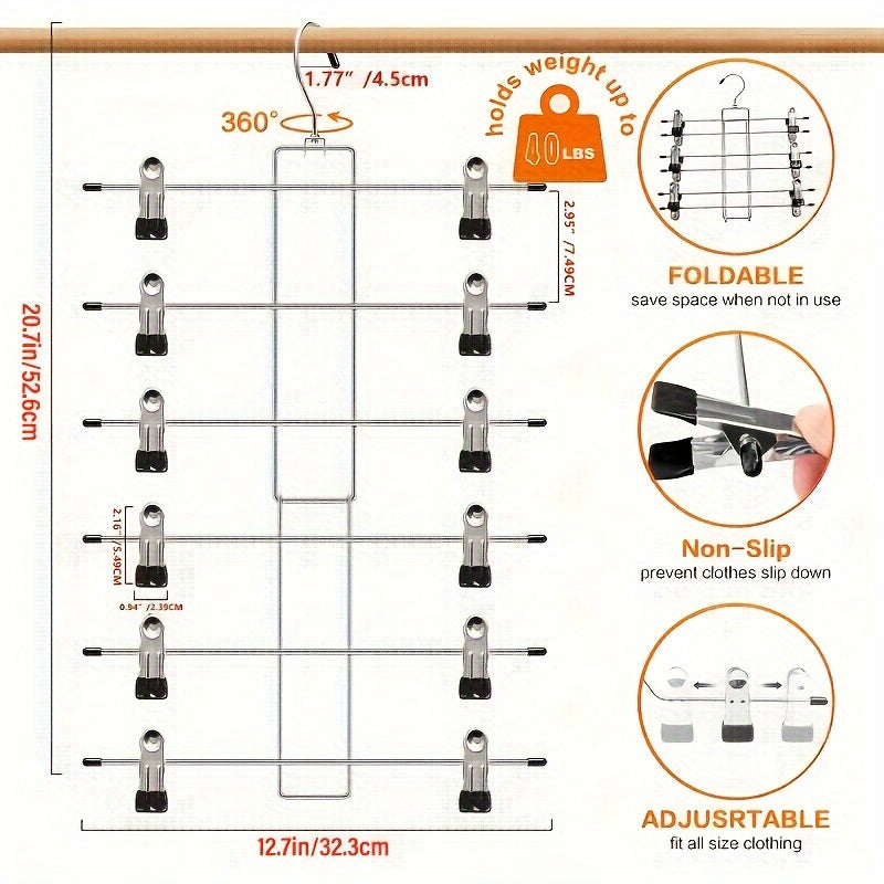 6 Tier Folding Hanger with Clips for Pants and Skirts - Multifunctional Organizer for Clothes, Perfect for Home or Dorm Rooms