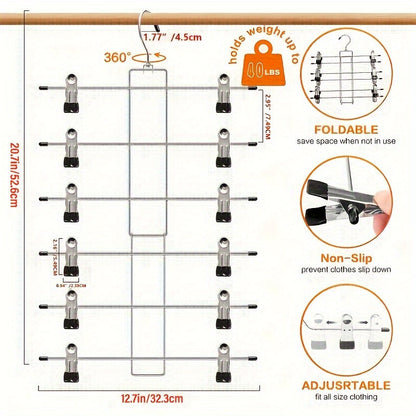 6 Tier Folding Hanger with Clips for Pants and Skirts - Multifunctional Organizer for Clothes, Perfect for Home or Dorm Rooms