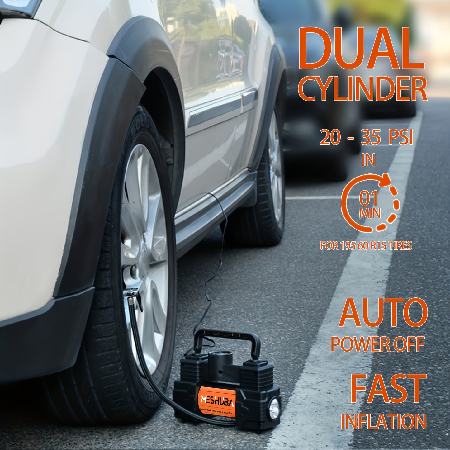 Portable MESHUBA Tire Inflator: 12V air compressor with 150PSI pump and digital gauge for cars, bikes, and more in orange.