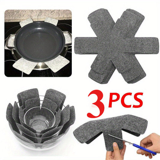 Protect your pans with this set of 3 multi-ply felt pot and pan protectors. Non-stick and scratch-resistant, these guards are perfect for storing your cookware in the kitchen. The cross-shaped design makes them durable and effective at keeping your pots