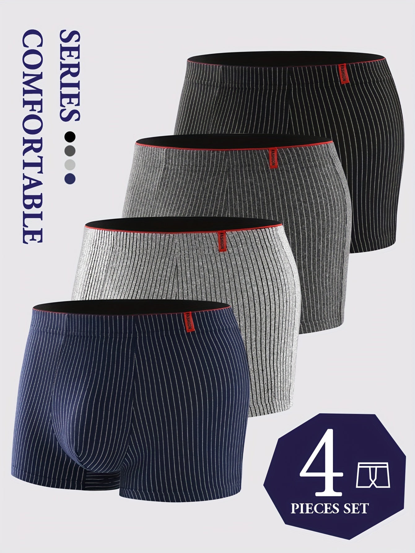 4-pack of men's striped boxer briefs made from a high-stretch polyester-spandex blend. Casual athletic underwear with elastane for a comfortable fit.