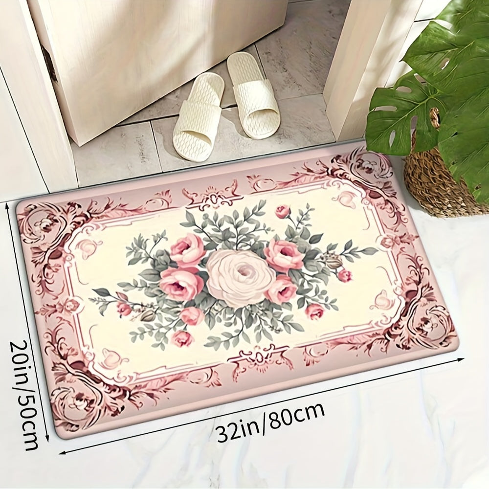 French Country Floral Mat - This decorative absorbent mat is perfect for kitchen, bath, and living room use. The machine washable rug features a non-slip PVC backing and is made from polyester. The woven 600gsm rectangle mat is ideal for entryways and