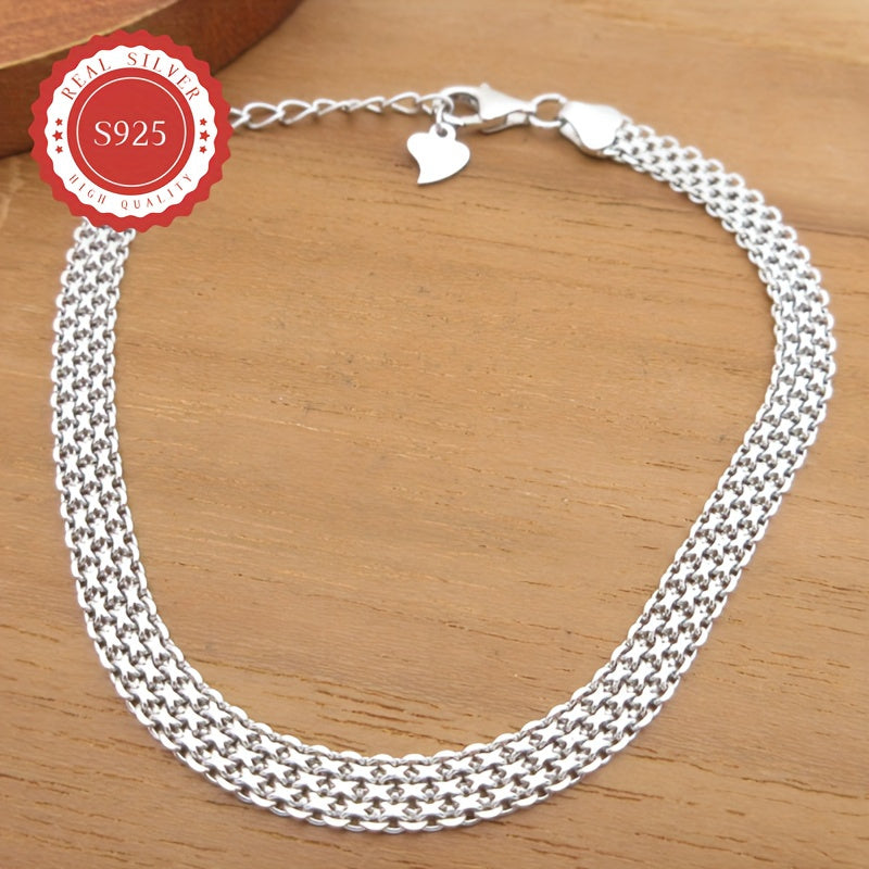 Beautiful Sterling Silver Chain Bracelet Made of S925, Featuring Mesh Embossed Design, Shiny Jewelry Piece, Weighs 5.2g/0.18oz