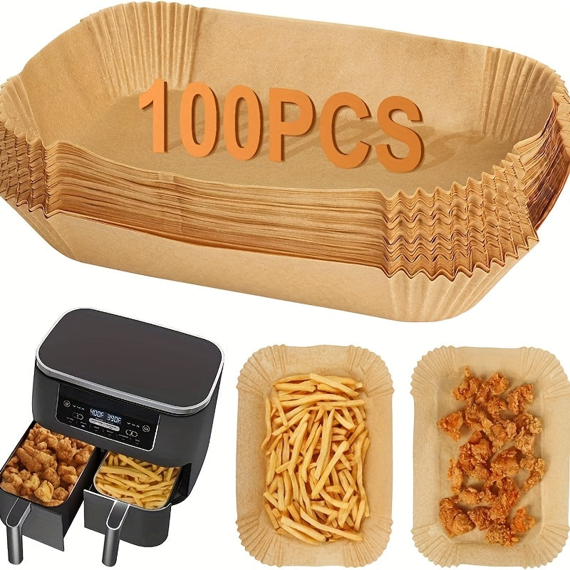 Set of 100 Non-Stick Parchment Liners for Air Fryer, Resistant to Oil and Water, Rectangular Shape, Ideal for Double Fryer Use, Essential for Healthy Cooking, Featuring Multiple Layers of Disposable Paper for Safe Food Contact