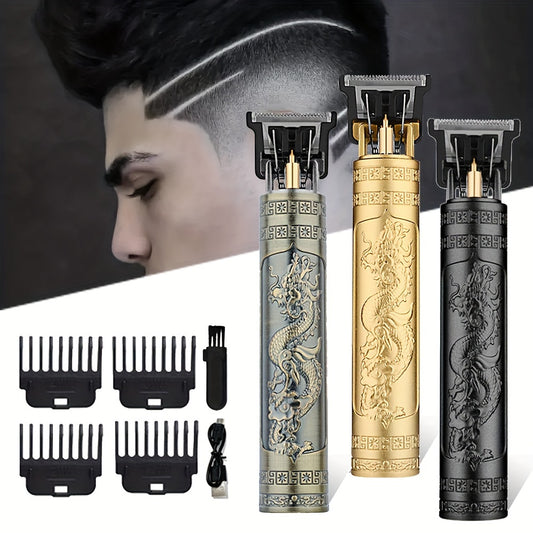 USB rechargeable hair clippers for men with guide combs for precise haircuts.