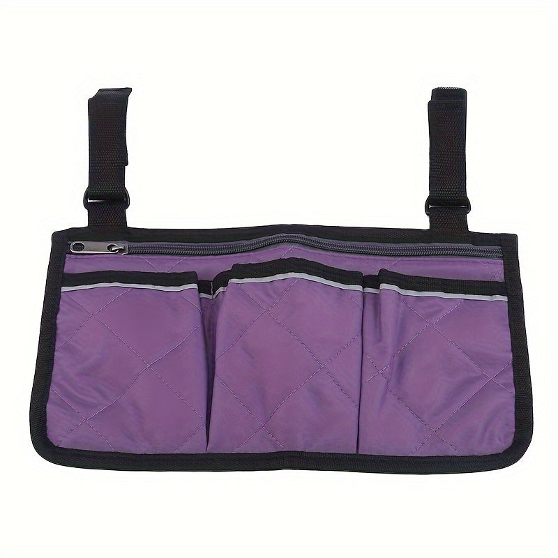 Portable hanging bag for stroller with reflective strip and multiple pockets, featuring armrest attachment and foldable design.