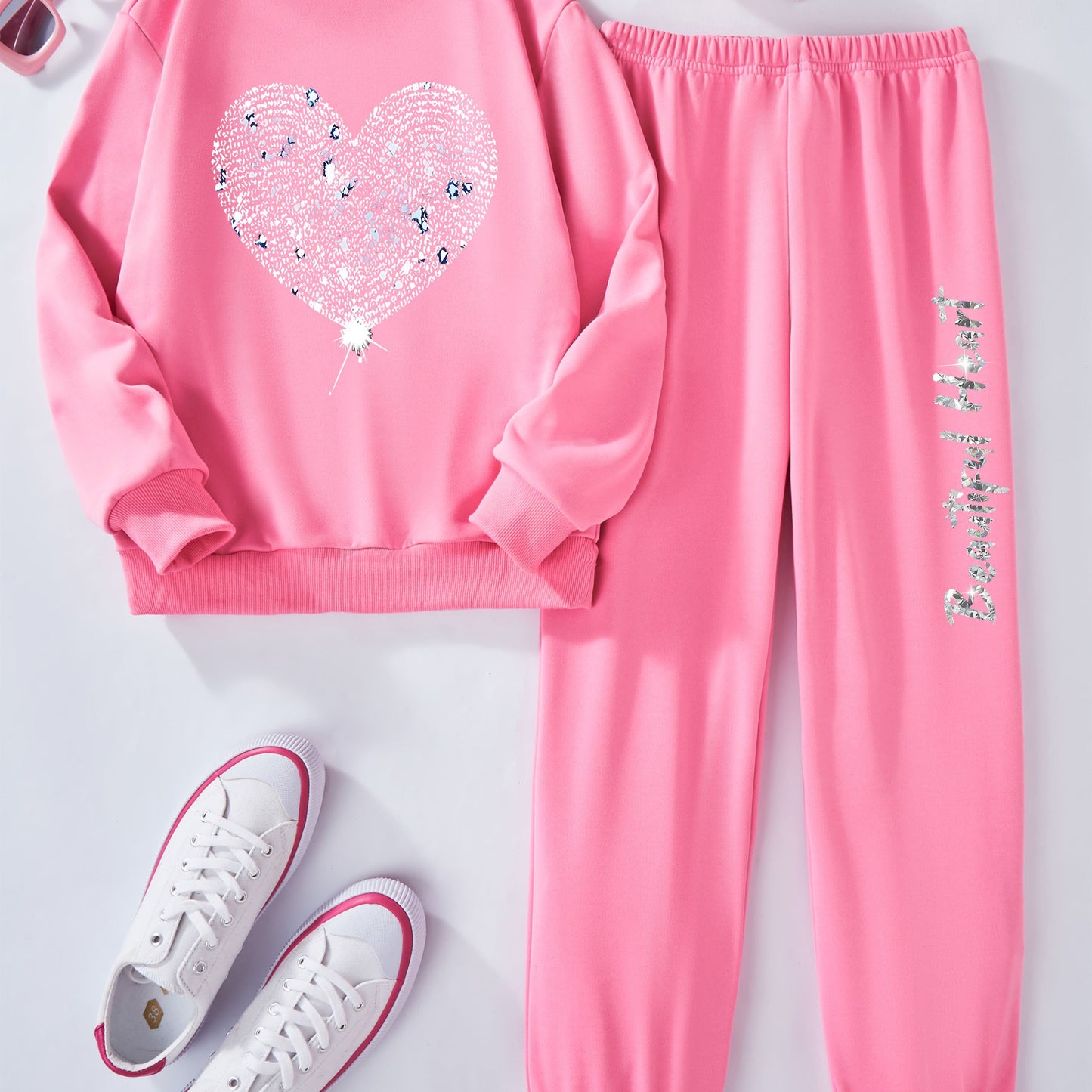 P5359(G7) Sparkling Love Children's Suit, Round Neck, Long Sleeve Two-piece Set, Ideal for Outdoor Use