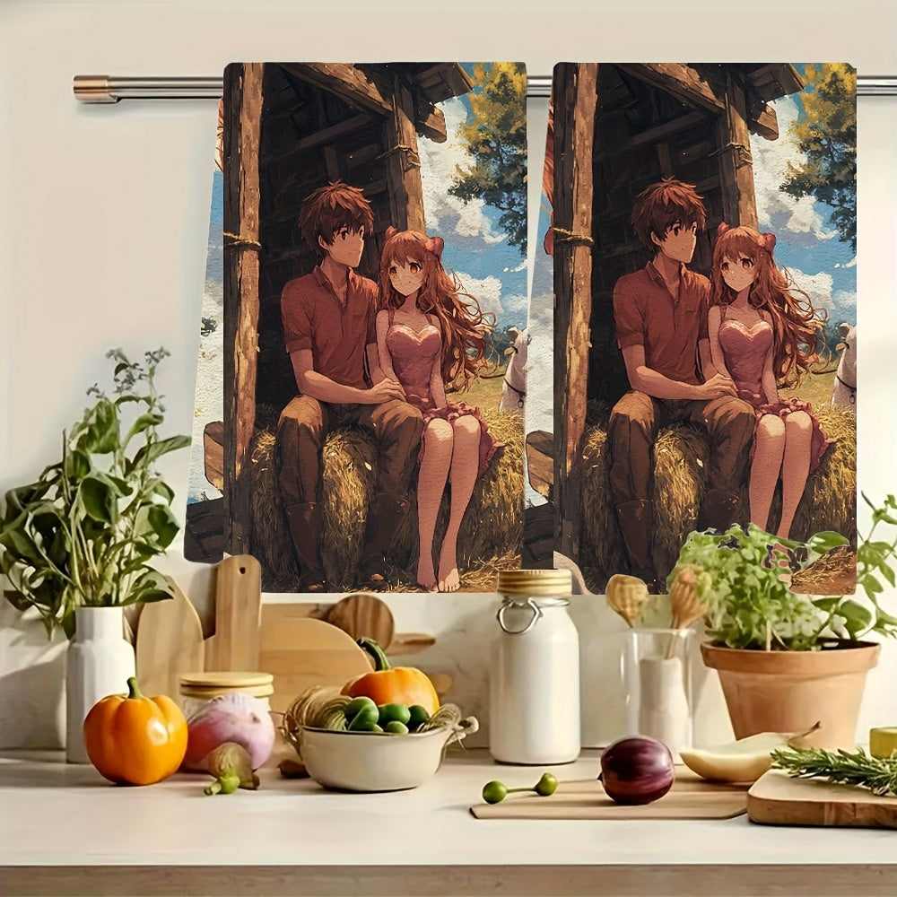 This set includes 2 ultra-soft kitchen towels with an anime couple seated on a heart-shaped hay bale at a farm, feeding animals. These dish towels are highly absorbent, perfect for holiday decoration, machine washable, and measure 40.64X60.96 cm.